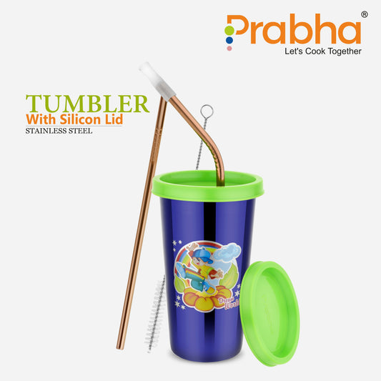 Stainless Steel Tumbler With Silicon Lid & Straws Set | Steel Glass with Lid