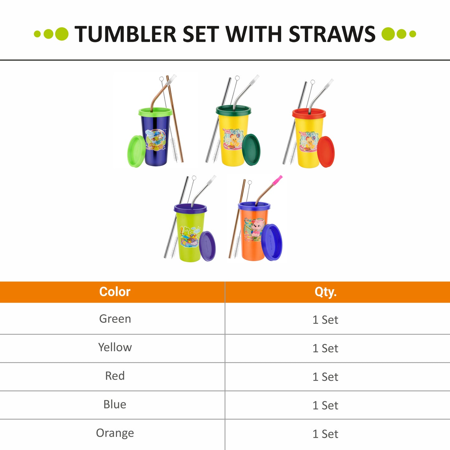 Stainless Steel Tumbler With Silicon Lid & Straws Set | Steel Glass with Lid