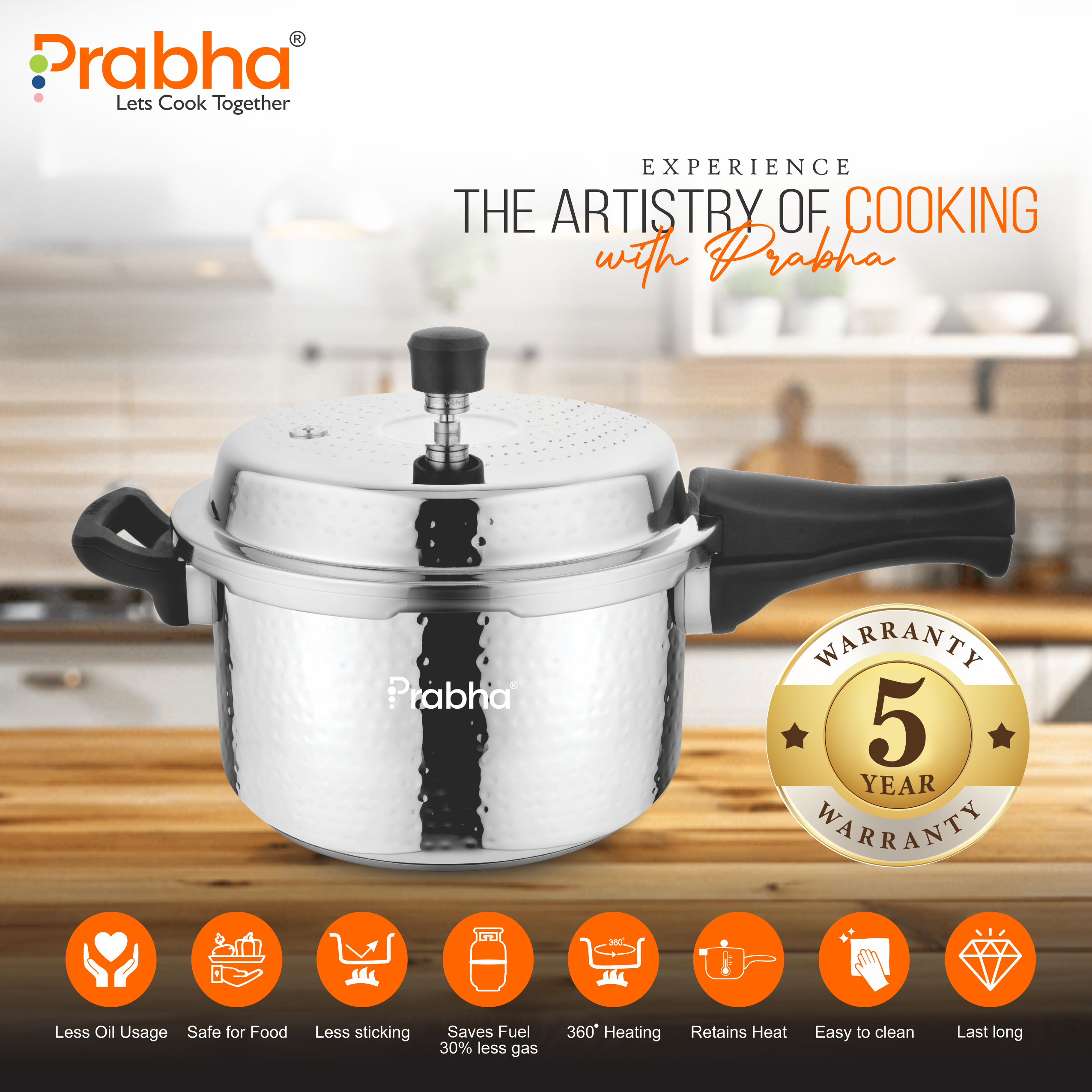 Vista Stainless Steel IB Outer Lid Pressure Cooker Hammered