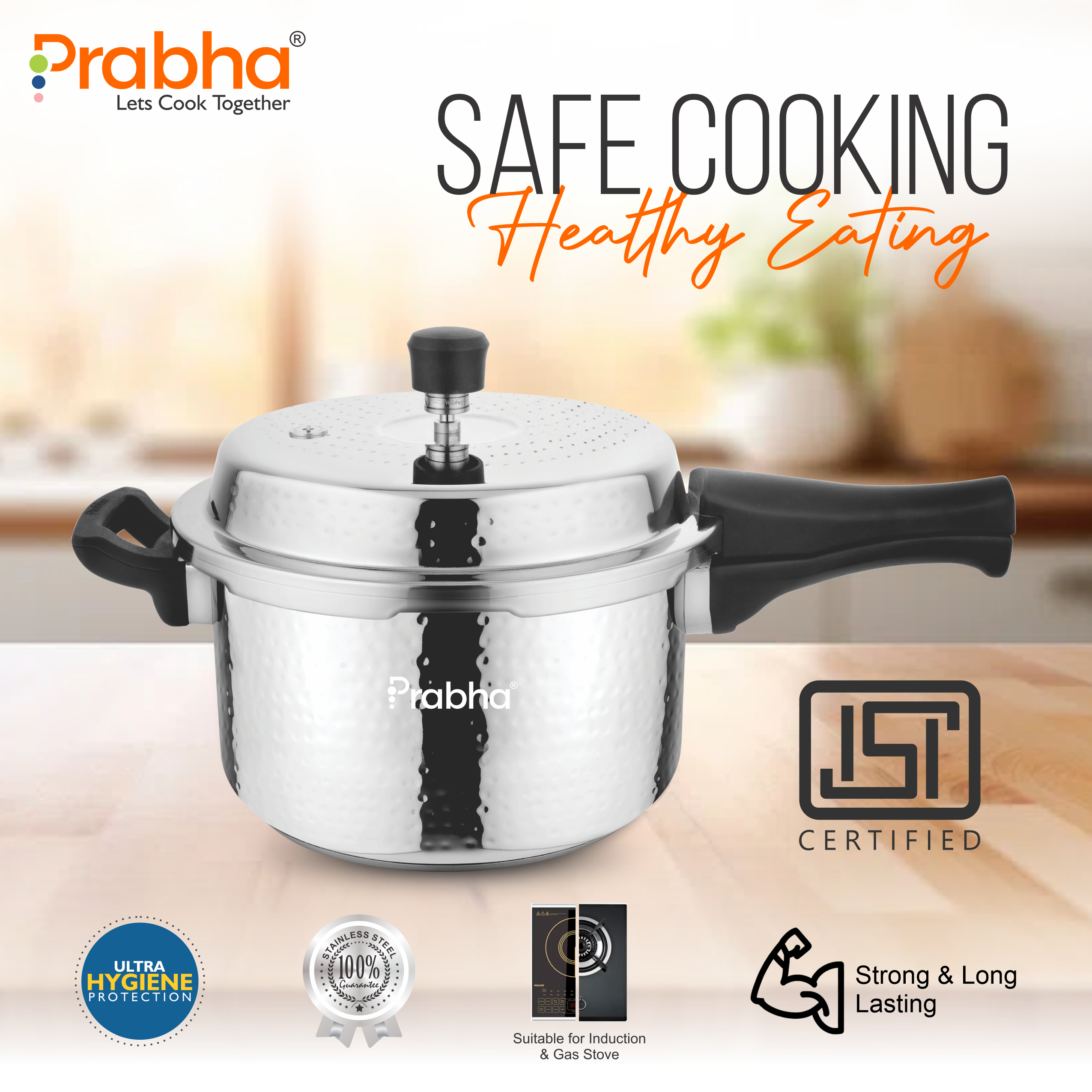 Vista Stainless Steel IB Outer Lid Pressure Cooker Hammered