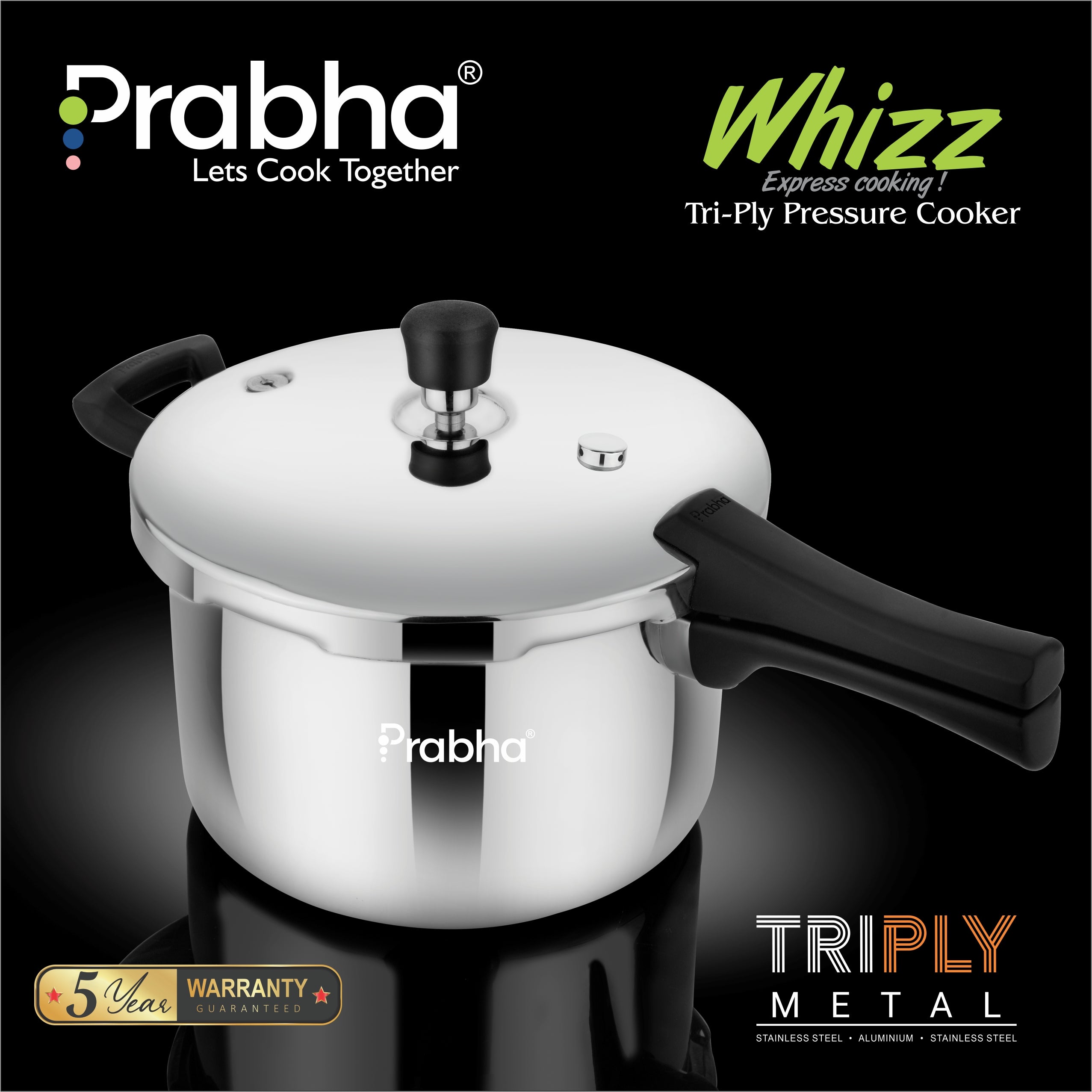 Triply Stainless Steel Whizz Outer Lid Pressure Cooker | Prabhasteel