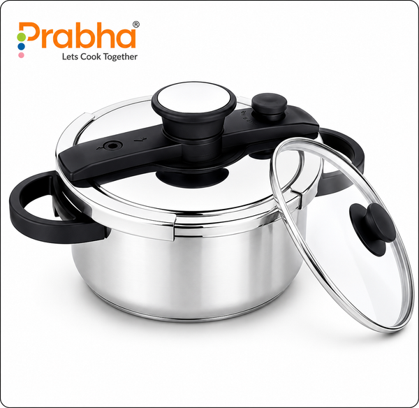 Prabha Cook-on Outer Lid Stainless Steel Pressure Cooker | Deep Lid controls spillage | Pressure Indicator | Anti-bulge Base | Cool Touch Weight | Gas & Induction Base compatible | 5 years warranty