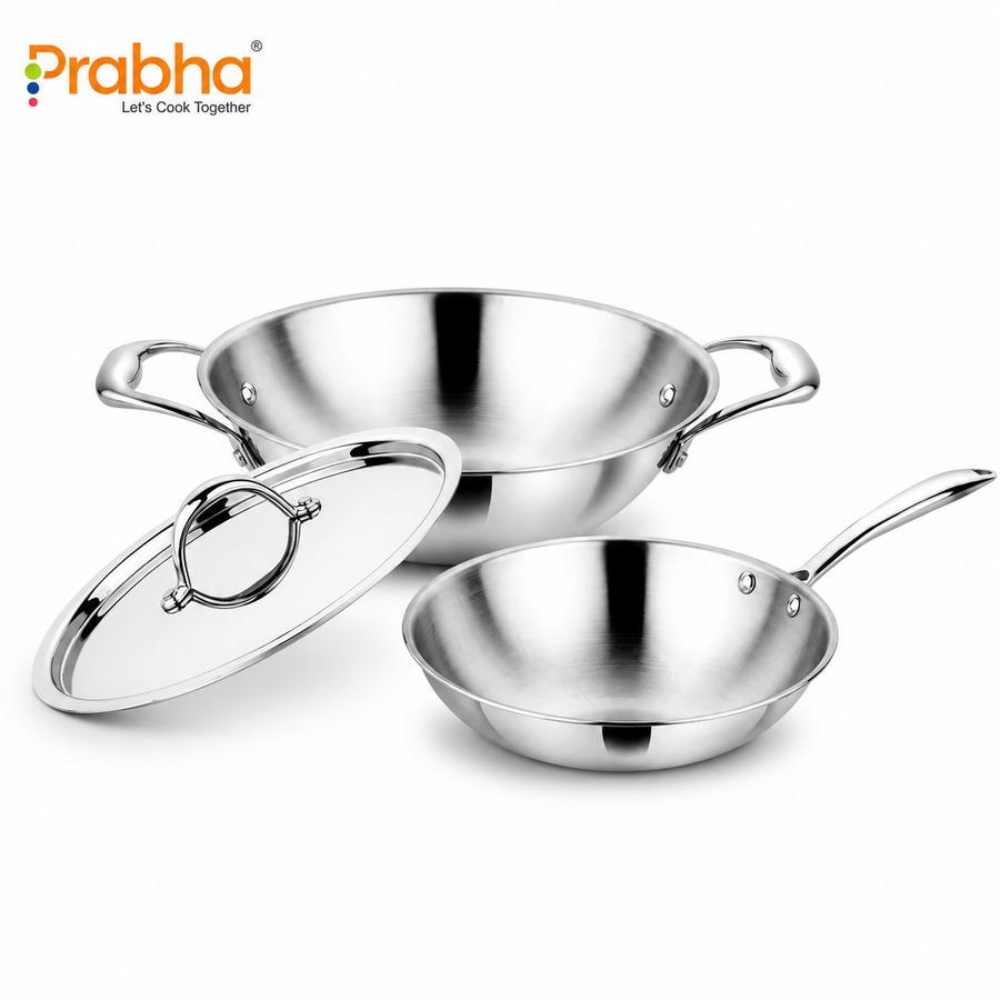 Prima Tri-Ply Induction Base Stainless Steel 3Pcs Cookware Set - Kadhai With Lid 24cm / Frypan 22cm
