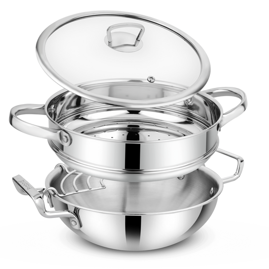 Elante Tri-Ply Kadhai & Steamer With Glass Lid