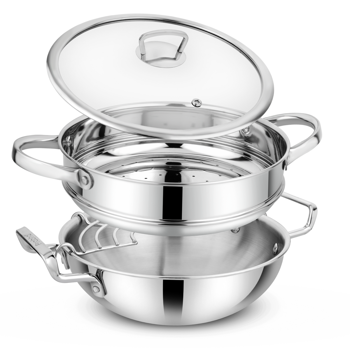 Elante Tri-Ply Kadhai & Steamer With Glass Lid