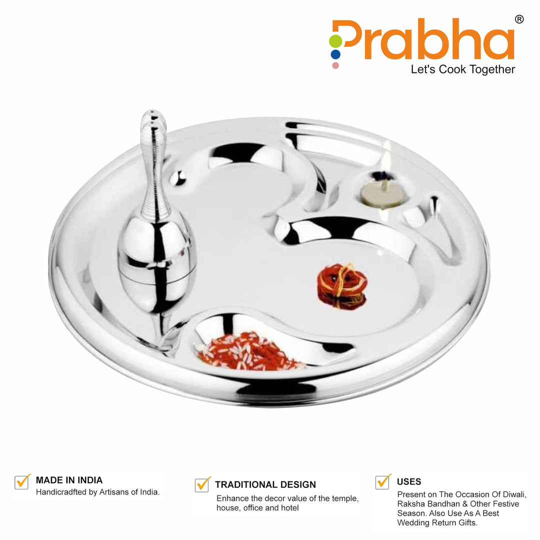 Stainless Steel Om Puja Thali with Ring Bell(Ghanti), for Home and Office Temple