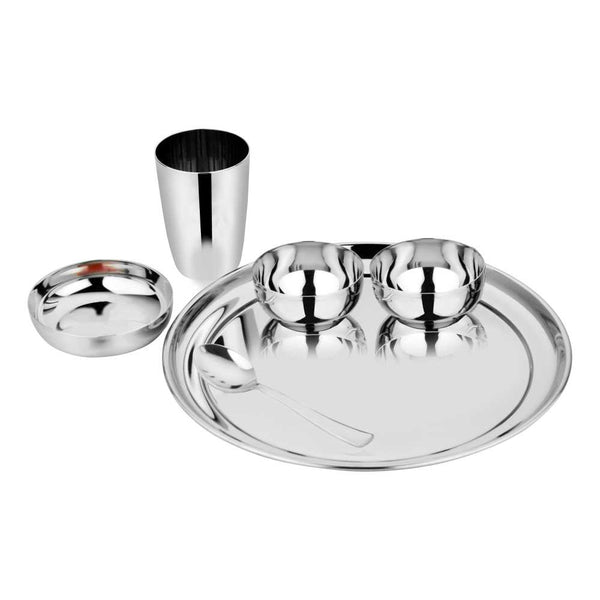 Prabha Stainless Steel Galaxy Plain Thali Set Bhojan Thali Set of Dinner Plate, Halwa Plate, Katori Bowl, Glass, Spoon for Family Home Restaurants Hotels Event & Parties (Plain)