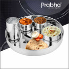 Prabha Stainless Steel Supreme Hammered Thali Set Bhojan Thali Set of Dinner Plate, Halwa Plate, Katori Bowl, Glass, Spoon for Family Dinner Set Home Restaurants Hotels Event & Parties