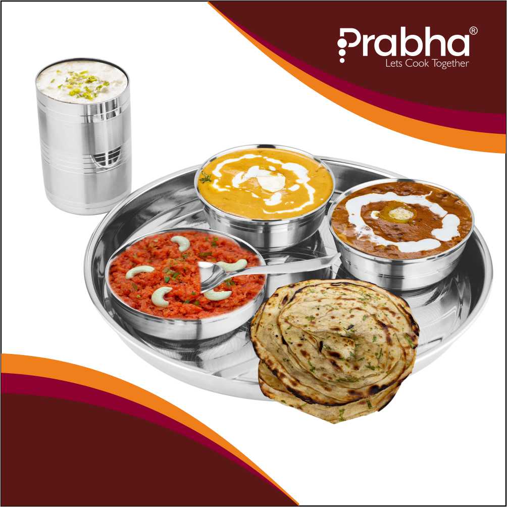 Prabha Stainless Steel Thali Set Bhojan Thali Set of Dinner Plate, Halwa Plate, Katori Bowl, Glass, Spoon for Family Home Restaurants Hotels Event & Parties (Plain)