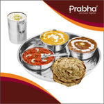 Load image into Gallery viewer, Prabha Stainless Steel Thali Set Bhojan Thali Set of Dinner Plate, Halwa Plate, Katori Bowl, Glass, Spoon for Family Home Restaurants Hotels Event &amp; Parties (Plain)
