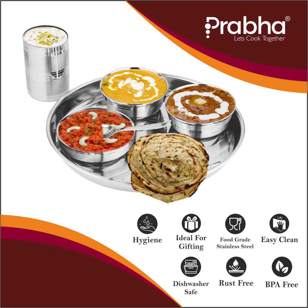 Prabha Stainless Steel Thali Set Bhojan Thali Set of Dinner Plate, Halwa Plate, Katori Bowl, Glass, Spoon for Family Home Restaurants Hotels Event & Parties (Plain)