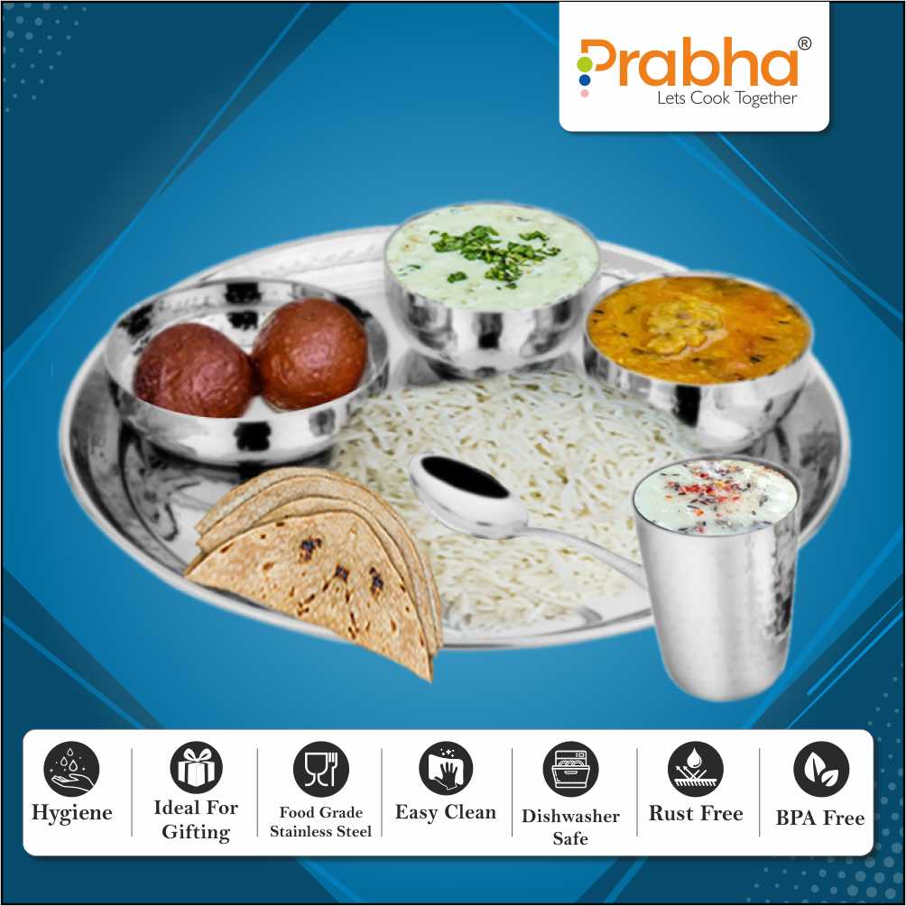 Prabha Stainless Steel Galaxy Hammered Thali Set Bhojan Thali Set of Dinner Plate, Halwa Plate, Katori Bowl, Glass, Spoon for Family Home Restaurants Hotels Event & Parties (Hammered)