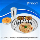 Prabha Stainless Steel Galaxy Plain Thali Set Bhojan Thali Set of Dinner Plate, Halwa Plate, Katori Bowl, Glass, Spoon for Family Home Restaurants Hotels Event & Parties (Plain)