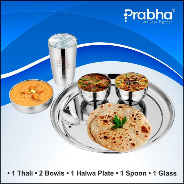 Prabha Stainless Steel Galaxy Plain Thali Set Bhojan Thali Set of Dinner Plate, Halwa Plate, Katori Bowl, Glass, Spoon for Family Home Restaurants Hotels Event & Parties (Plain)