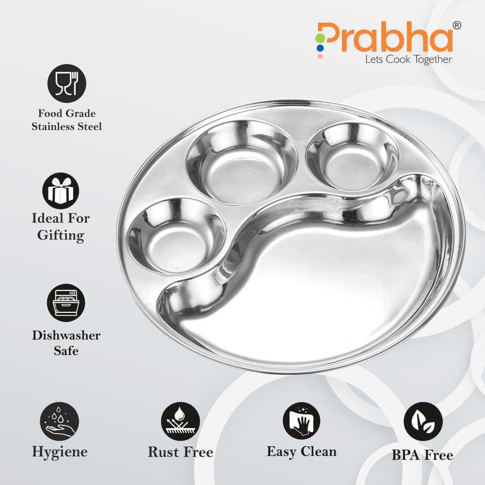 Prabha Stainless Steel Round Lunch Dinner Plate, Bhojan Thali with Round Extra Deep Compartments, Silver Color, 5 in 1 Compartment Plate, for Home, Restaurants, Canteen, Hotels, and Bhandara Also