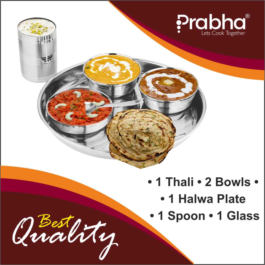 Prabha Stainless Steel Thali Set Bhojan Thali Set of Dinner Plate, Halwa Plate, Katori Bowl, Glass, Spoon for Family Home Restaurants Hotels Event & Parties (Plain)