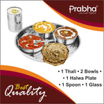 Load image into Gallery viewer, Prabha Stainless Steel Thali Set Bhojan Thali Set of Dinner Plate, Halwa Plate, Katori Bowl, Glass, Spoon for Family Home Restaurants Hotels Event &amp; Parties (Plain)
