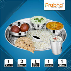 Prabha Stainless Steel Galaxy Hammered Thali Set Bhojan Thali Set of Dinner Plate, Halwa Plate, Katori Bowl, Glass, Spoon for Family Home Restaurants Hotels Event & Parties (Hammered)