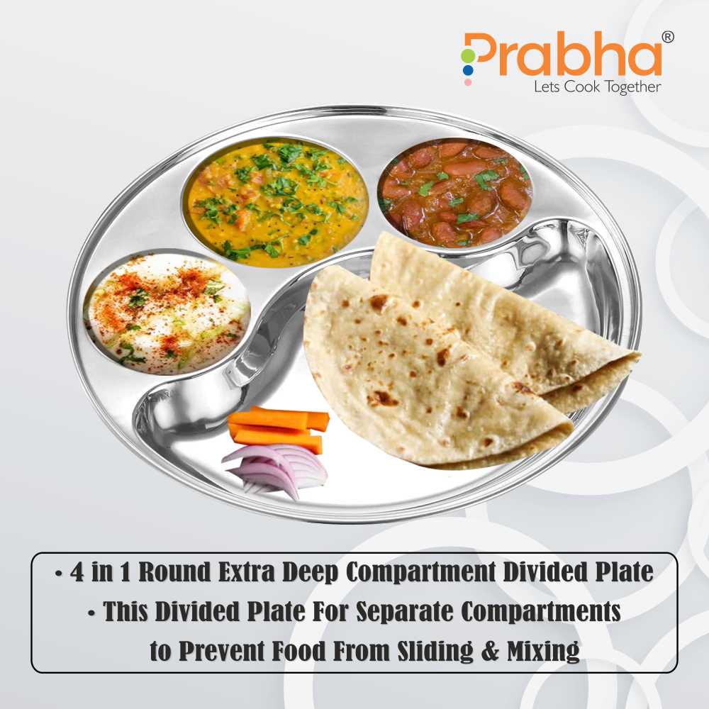 Prabha Stainless Steel Round Lunch Dinner Plate, Bhojan Thali with Round Extra Deep Compartments, Silver Color, 5 in 1 Compartment Plate, for Home, Restaurants, Canteen, Hotels, and Bhandara Also