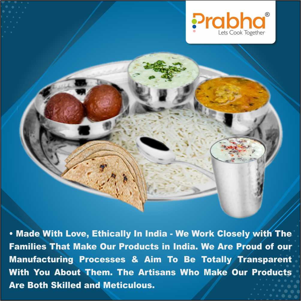 Prabha Stainless Steel Galaxy Hammered Thali Set Bhojan Thali Set of Dinner Plate, Halwa Plate, Katori Bowl, Glass, Spoon for Family Home Restaurants Hotels Event & Parties (Hammered)