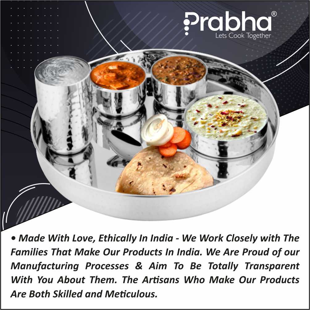 Prabha Stainless Steel Supreme Hammered Thali Set Bhojan Thali Set of Dinner Plate, Halwa Plate, Katori Bowl, Glass, Spoon for Family Dinner Set Home Restaurants Hotels Event & Parties