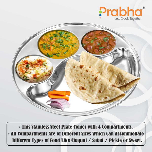 Prabha Stainless Steel Round Lunch Dinner Plate, Bhojan Thali with Round Extra Deep Compartments, Silver Color, 5 in 1 Compartment Plate, for Home, Restaurants, Canteen, Hotels, and Bhandara Also