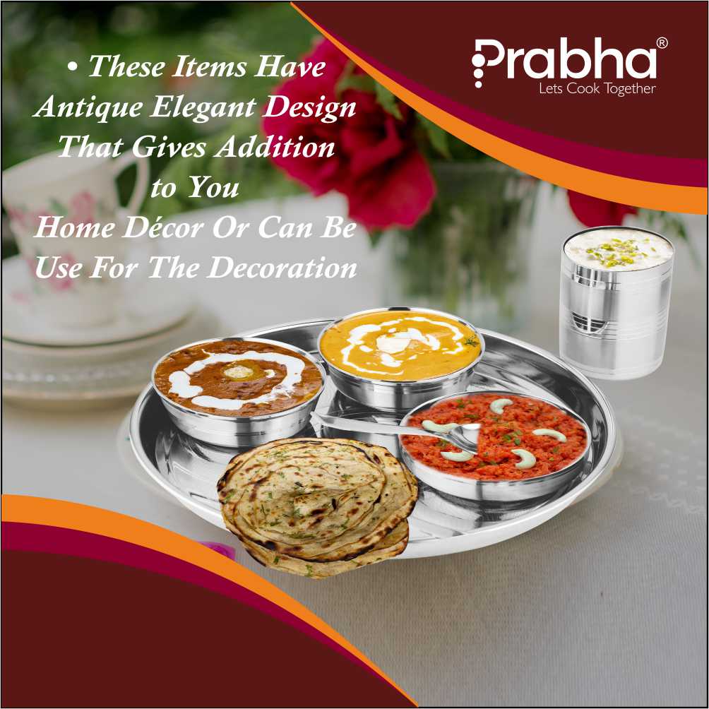 Prabha Stainless Steel Thali Set Bhojan Thali Set of Dinner Plate, Halwa Plate, Katori Bowl, Glass, Spoon for Family Home Restaurants Hotels Event & Parties (Plain)