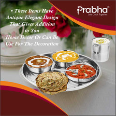 Prabha Stainless Steel Thali Set Bhojan Thali Set of Dinner Plate, Halwa Plate, Katori Bowl, Glass, Spoon for Family Home Restaurants Hotels Event & Parties (Plain)