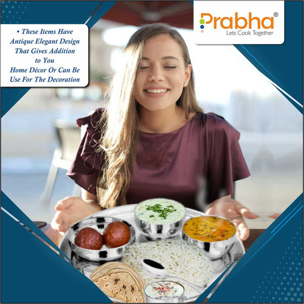 Prabha Stainless Steel Galaxy Hammered Thali Set Bhojan Thali Set of Dinner Plate, Halwa Plate, Katori Bowl, Glass, Spoon for Family Home Restaurants Hotels Event & Parties (Hammered)