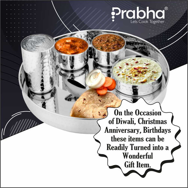 Prabha Stainless Steel Supreme Hammered Thali Set Bhojan Thali Set of Dinner Plate, Halwa Plate, Katori Bowl, Glass, Spoon for Family Dinner Set Home Restaurants Hotels Event & Parties