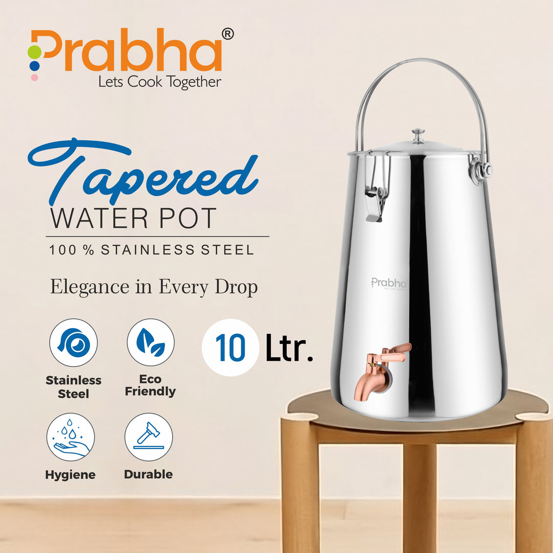 Prabha Water Container 10 Liters with Tap | Water Jug for Kitchen Storage | Stainless Steel Water Tank/Water Pot for Drinking | Handi Steel Matk Dispenser Tampered (Silver) (10 LTR)