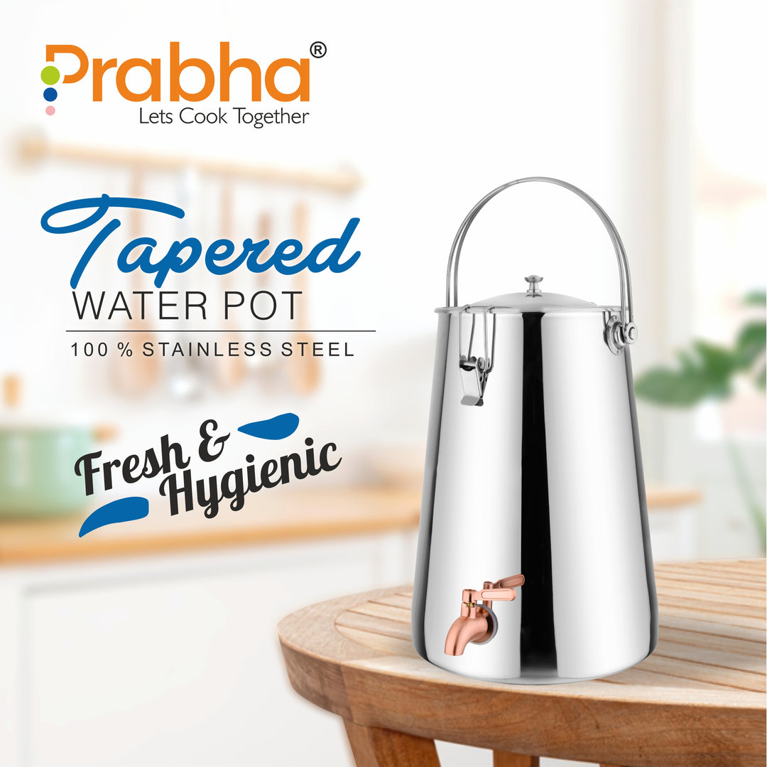 Prabha Water Container 10 Liters with Tap | Water Jug for Kitchen Storage | Stainless Steel Water Tank/Water Pot for Drinking | Handi Steel Matk Dispenser Tampered (Silver) (10 LTR)