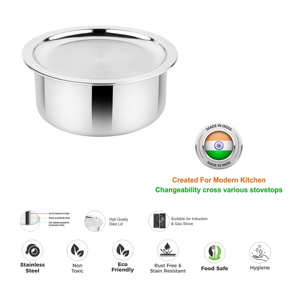 Prabha Tri-ply Stainless Steel Induction Compatible Tope Pot Milk Pot Pots Pan Pot Triply Milk Pot Tope with Steel Lid