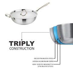 Prabha Triply Stainless Steel Induction Compatible Stir-Fry Wok Pan (Deep Fry Pan, Flat Bottom) with Steel Lid, Triply Wok pan