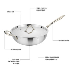 Prabha Triply Stainless Steel Induction Compatible Stir-Fry Wok Pan (Deep Fry Pan, Flat Bottom) with Steel Lid, Triply Wok pan