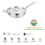 गैलरी व्यूवर में इमेज लोड करें, Prabha Triply Stainless Steel Induction Compatible Stir-Fry Wok Pan (Deep Fry Pan, Flat Bottom) with Steel Lid, Triply Wok pan
