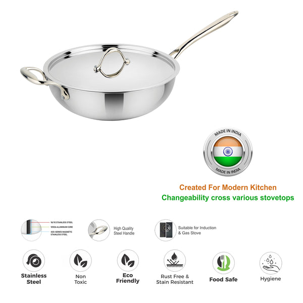 Prabha Triply Stainless Steel Induction Compatible Stir-Fry Wok Pan (Deep Fry Pan, Flat Bottom) with Steel Lid, Triply Wok pan