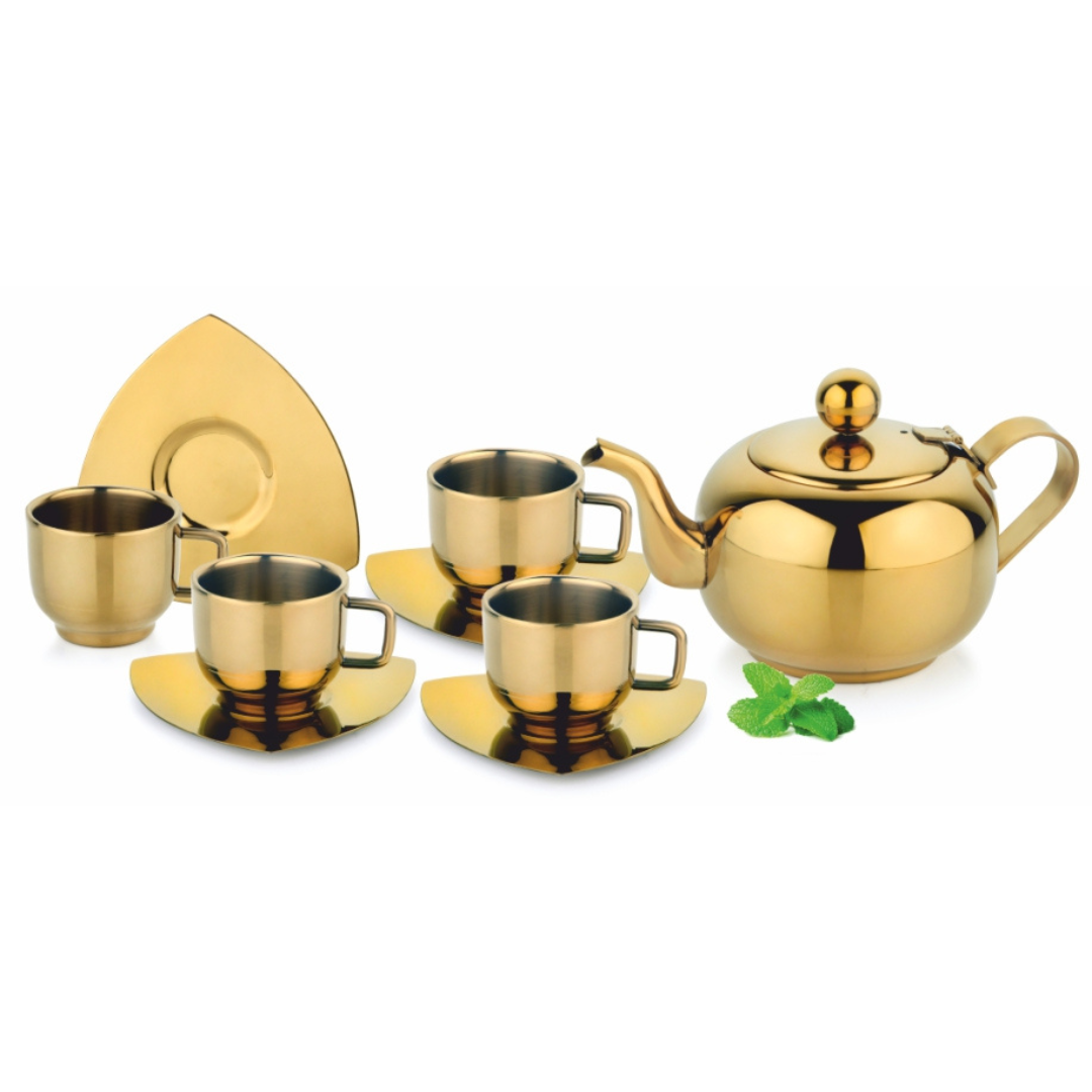 Tea Kettle With Cup Saucer Pvdgold
